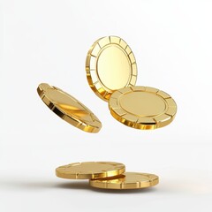 Golden casino chips falling on white background