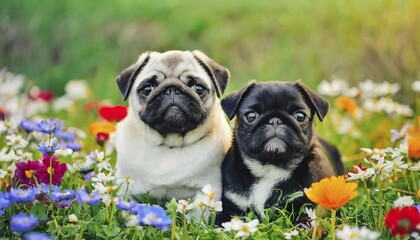 Fototapeta premium KI generated, animal, animals, mammal, mammals, dog, domestic dogs (Canis lupus familiaris), flower meadow, spring