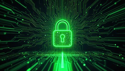 Digital lock security concept, circuit board background, glowing green lock, data protection