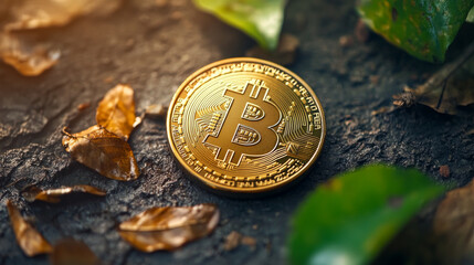 A shining Bitcoin cryptocurrency coin on a rugged surface with green and brown foliage emphasizes technology, nature contrast, digital currency concepts, and an organic setting background.