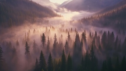 Fototapeta premium Misty mountain valley at sunrise, showcasing a dense evergreen forest shrouded in fog.