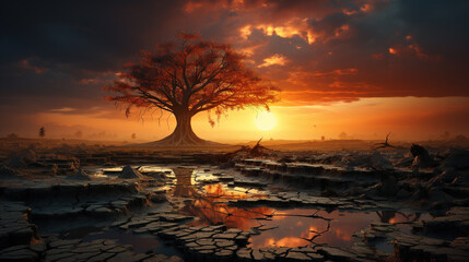 sunset on the river and a allone tree landscape