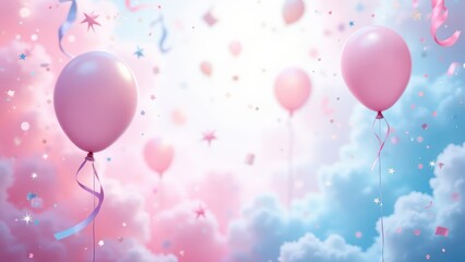A fun and colorful illustration of balloons on a pink background, perfect for a birthday or celebration with confetti, ribbons, and a festive atmosphere. Generative AI