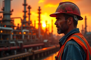 Industrial workers with safety vests and safety helmets looking at a large oil and gas refinery or petrochemical plant.
