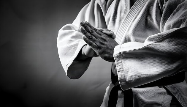 Closeup of male karate fighter hands. Black and white ,Martial arts master in keikogi with black belt on grey background, closeup