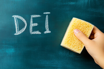 A symbolic image showing the removal of the term DEI written with chalk on a chalkboard, demonstrating transformation or change, featuring a close-up of a hand using a yellow sponge.