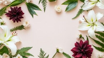 Naklejka premium Flat lay of white lilies, dahlias, ferns, and greenery arranged in a frame on a pink background, leaving a blank space in the center.