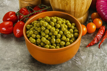 Sweet canned young green peas