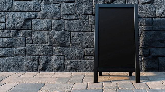 Blank black stanBlack empty standing board for advertising set outdoors against a textured stone wall, offering ample space for adding custom text or designs.