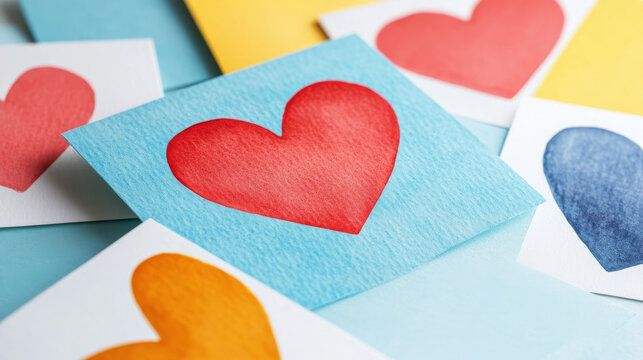 A compilation of artistic heart shapes drawn in vivid watercolor shades featured on textured paper pieces, symbolizing affection, creativity, and vibrant emotions.