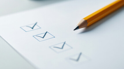 Close-up of a checklist with completed checkboxes, accompanied by a sharp yellow pencil on a white surface, symbolizing organization, planning, productivity, and attention to tasks.