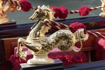 Horse with fishtail, brass figure on Venetian gondola, Venice, Veneto, Italy, Europe