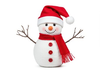 A cheerful snowman wearing a red Santa hat and a matching red scarf with twig arms and a carrot nose isolated on a white background