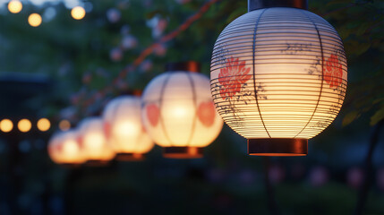 Obraz premium Glowing traditional Japanese lanterns with floral patterns at twilight