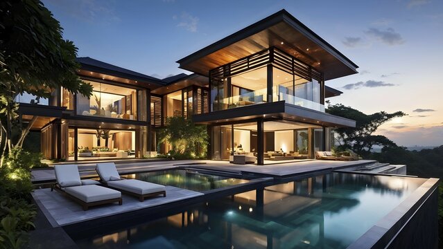 Luxurious wooden house with swimming pool reflecting the opulence of billionaires nestled in sumptuous surrounding, AI generated