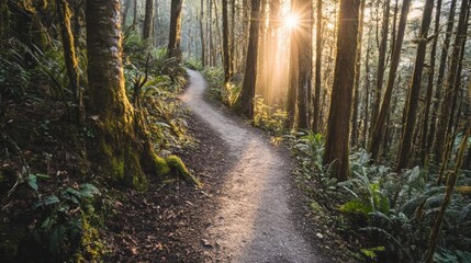 Naklejka premium Sunlit trail winding through a lush, mossy forest.