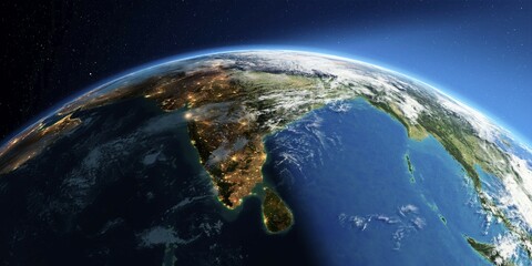 Highly detailed Earth with atmosphere, exaggerated relief and light-flooded cities. Transition from night to day. India and Sri Lanka. 3D rendering. Elements of this image furnished by NASA