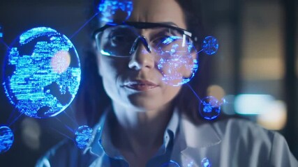 Scientist interacting with futuristic global network hologram interface - Powered by Adobe