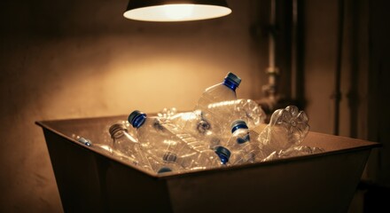 Pile of empty plastic bottles in a recycling bin under warm light