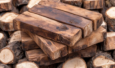 Stacked Natural Wooden Logs with Rustic Texture for Background and Design, Perfect for Craft, Fireplace, and Outdoor Aesthetic Projects