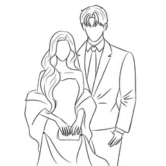 Illustration of couple vector. Standing couple. Business man and his wife. Line art.