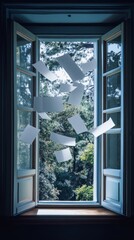Obraz premium Papers float through an open window with a lush forest view, symbolizing freedom and creativity.