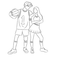 Illustration of couple vectors. Male basketball player and female cheerleader. Teen couple illustration. Line art.