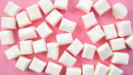 Delicious marshmallows on pink background, flat lay. Space for text, top view. Generative AI