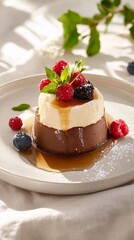 Delightful pancakes served on a Mocha Mousse plate with fresh berries and syrup in soft morning light on a linen tablecloth