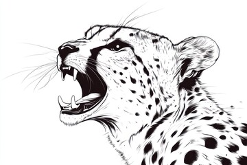 A detailed black and white illustration of a roaring cheetah head, showcasing its sharp teeth and spotted fur.