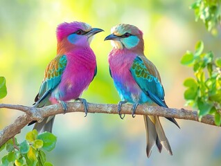 Obraz premium Two vibrant lilac-breasted rollers perched on a branch, facing each other.