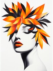 Abstract portrait of a woman with vibrant orange and black leaves as a headpiece, showcasing beauty