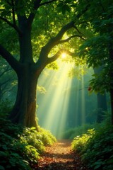 Sunlight pierces through gap in leafy ceiling, banyan tree, scenery
