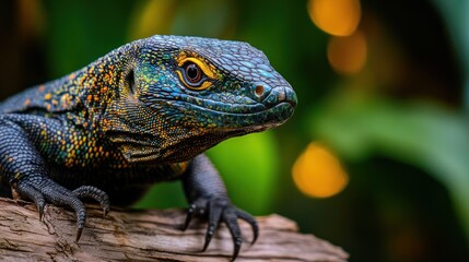 Fototapeta premium Close-up of a vibrant blue and orange lizard perched on a log, set against a blurred green background.