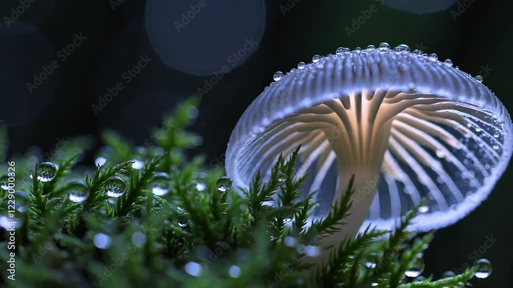 Leinwandbilder macro shot of a glowing translucent mushroom with intricate gills, surrounded by moss and dewdrops, 