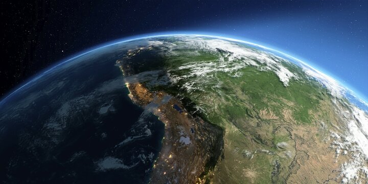 Highly detailed Earth with atmosphere, exaggerated relief and light-flooded cities. Transition from night to day. South America. Bolivia, Peru, Brazil. 3D rendering. Elements of this image furnished by NASA, South America
