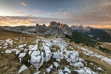 The jagged peaks of Cadini di Misurina in the morning mood, Sesto Dolomites, South Tyrol,...