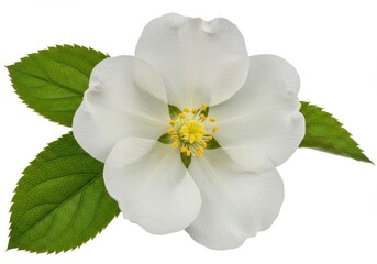 Obraz premium A delicate white flower with soft petals and prominent yellow stamens, surrounded by lush green leaves isolated on a white background