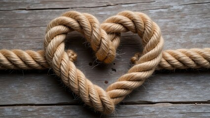 Obraz premium Close-up of a knotted rope in the shape of a heart on a rough textured wooden board. Generative AI