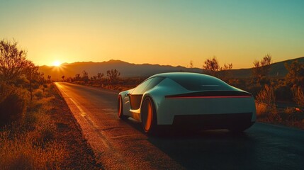 Obraz premium A white car is driving down a road in the desert. The sun is setting in the background