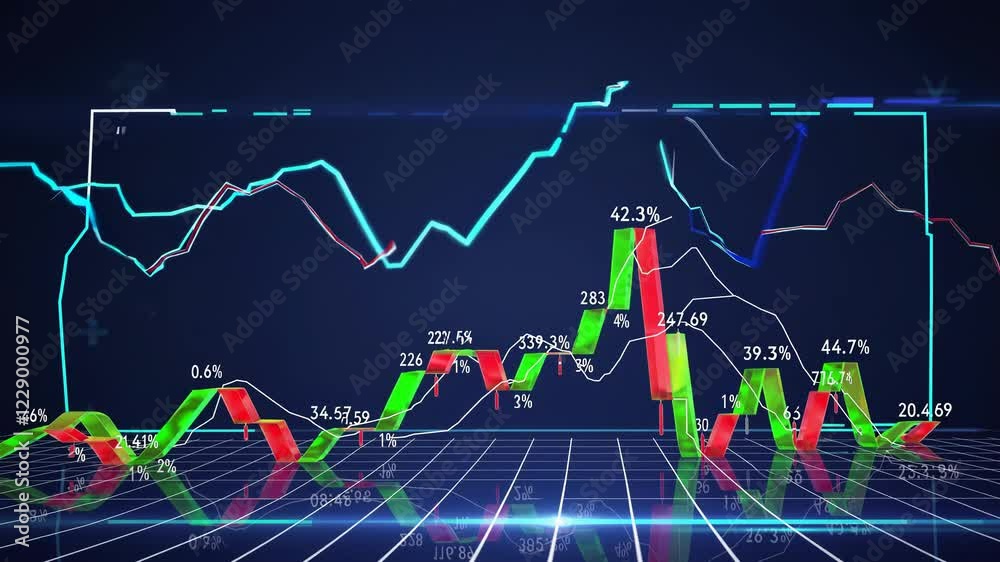 Aufkleber A virtual financial dashboard with 3D chart lines rising and falling, surrounded by abstract floating elements like data points, percentages, and glowing grids, symbolizing market analysis.
