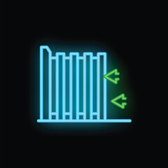 Blue neon icon of bar chart with green down arrows showing negative trend on black background