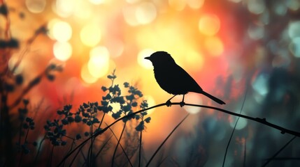 A bird perched on a branch silhouetted against a colorful bokeh background, capturing the essence of nature at sunset.