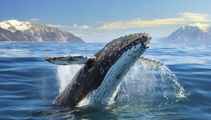 Fototapeta premium KI generated, animal, animals, mammal, mammals, biotope, habitat, one, individual, foraging, humpback whale, live in all oceans, tropics, Antarctic, whale, whales, Megaptera novaeangliae), ocean, near shore, rorqual, humpback dorsal fin, lively, lively, whale song, loner