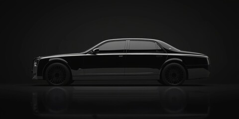 Obraz premium A black car is parked in front of a dark background. The car is long and has a shiny finish