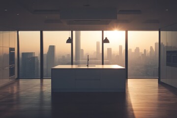 Modern kitchen with city skyline view at sunrise.