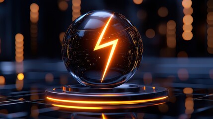 A futuristic energy orb emitting a vibrant lightning symbol, suitable for modern tech concepts and innovations.