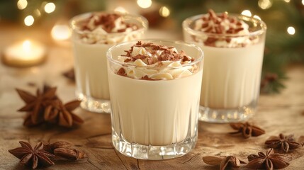 Three glasses of eggnog with whipped cream and chocolate shavings, garnished with star anise, on a wooden table with warm lights in the background.