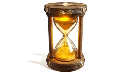 Elegant wooden hourglass with golden sand, glowing warmly, symbolizing time and nostalgia, isolated on a white background.