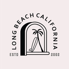 Elegant surf club logo featuring a surfboard and palm tree inside an arch, symbolizing Long Beach, California. Ideal for coastal, tropical, and adventure branding.